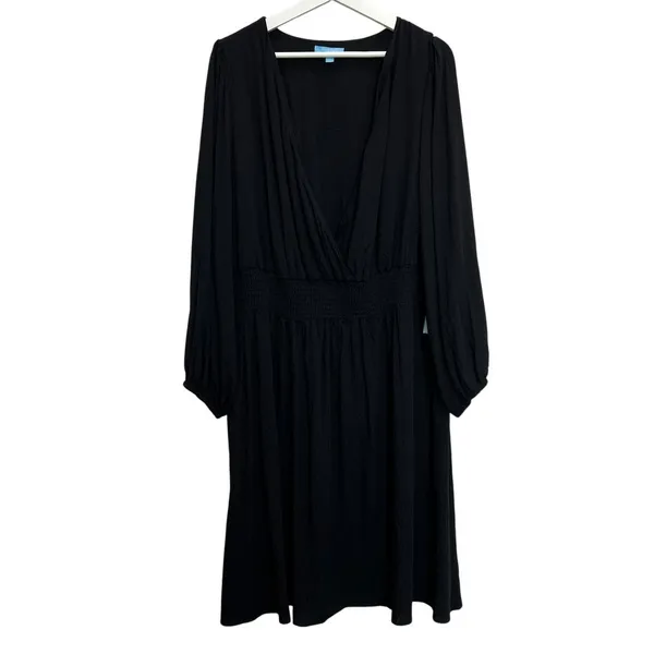 Draper James RSVP Plus 1X Smocked Waist Dress Surplice V-Neck Black‎ Long Sleeve - Image 3