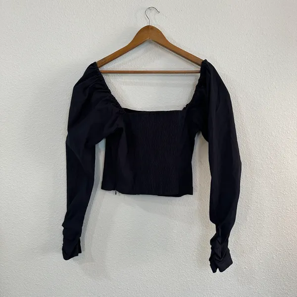 Maeve The Wynne Square Neck Long Sleeve Cropped Top Navy Blue M - Image 5