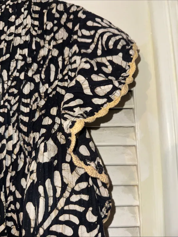 THML Black Dress with Cream Floral Pattern and Ruffle Trim - Image 3
