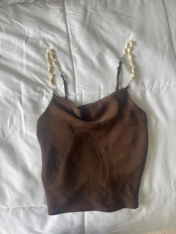 Brown satin cowl top with shell straps - Image 2