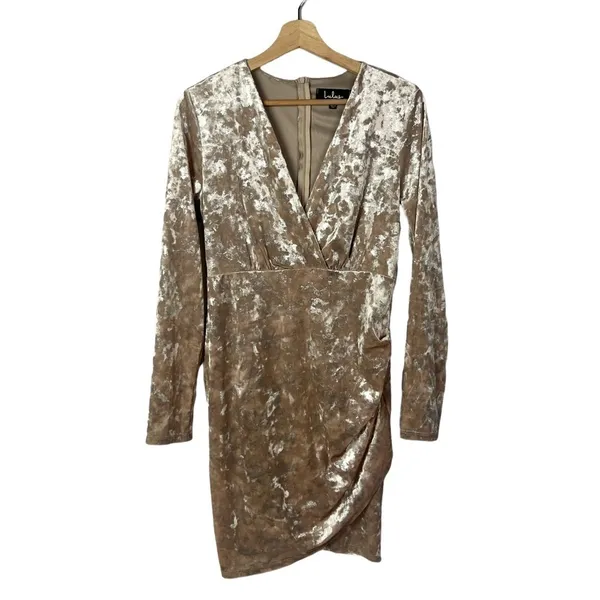 Lulu's Champagne Velvet Long Sleeve Mini Dress‎ L - Image 2