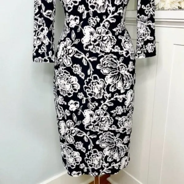 Ralph Lauren Floral Ruched Sheath Dress Black & White 2 XS - Image 7