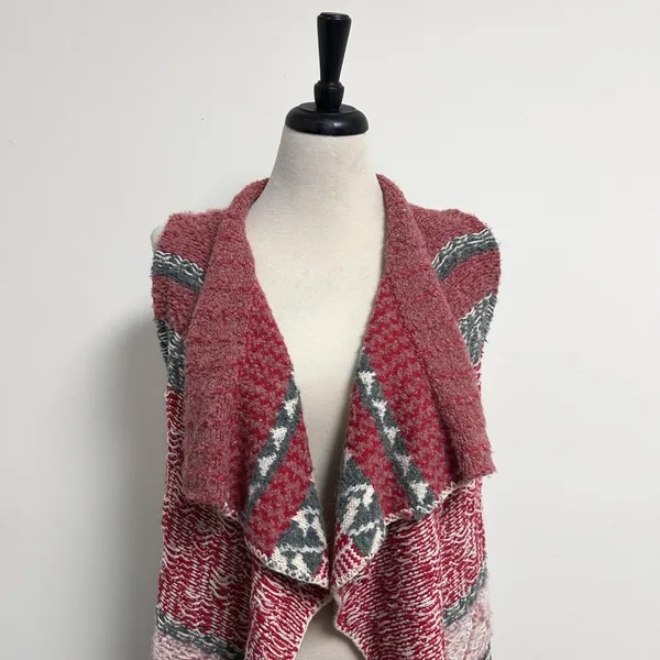 Anthropologie Sleeping On Snow Red Ivory Quillins Jacquard Open Vest Duster M/LP - Image 2