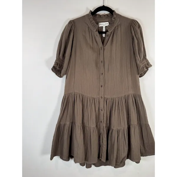 Apiece Apart Womens Dress Brown Las Alturas Mini Tiered Puff Sleeve A Line XS - Image 7