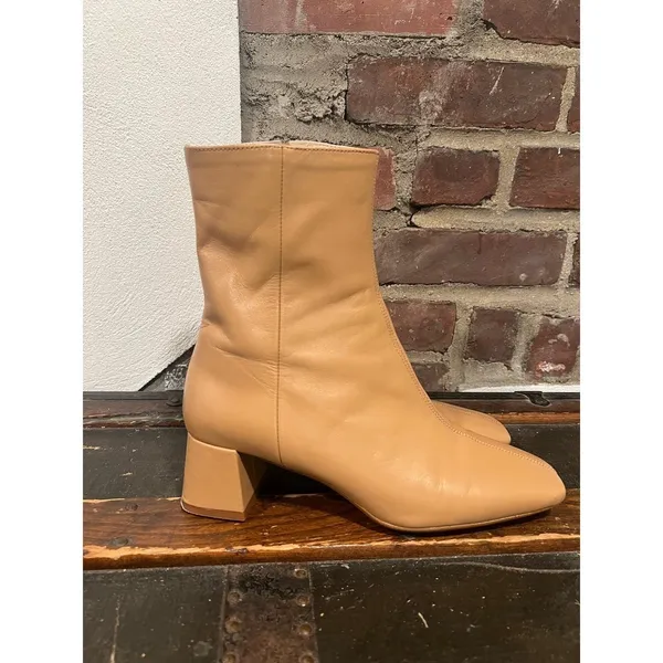 Zara Camel Tan Leather Square Toe Block Heel Ankle Boots 7.5 - Image 4