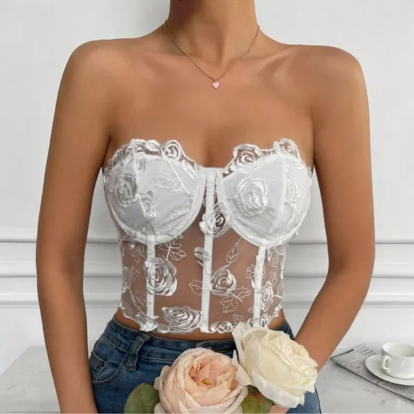 SHEIN White Lace Floral Corset Bustier Strapless Top Size Small Sheer Boned - Image 3