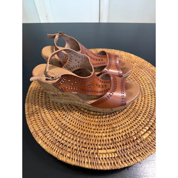 Maurices Womens Cognac Brown Perforated Cork Wedge Sandals Size 8.5 Boho Strappy - Image 7