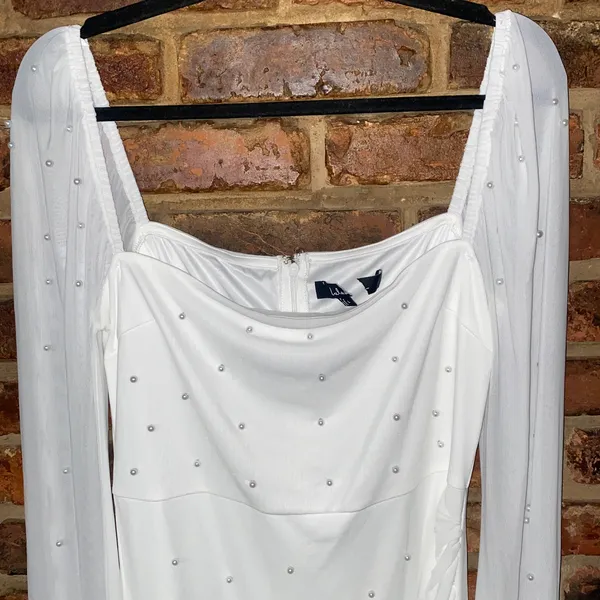 NWOT Lulus Flirty Luxury Ivory Mesh Pearl Long Sleeve Mini Dress Size Large - Image 4