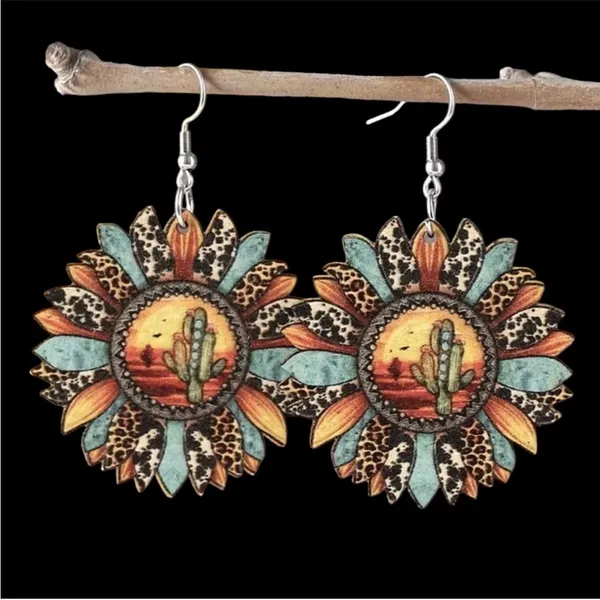 Sunflower shaped pendant drop‎ leopard pattern wooden hook earrings - Image 9