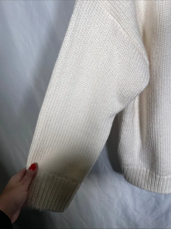 Abercrombie & Fitch Womens Merino Wool Chunky V Neck Sweater Ivory Navy Blue Xl - Image 5