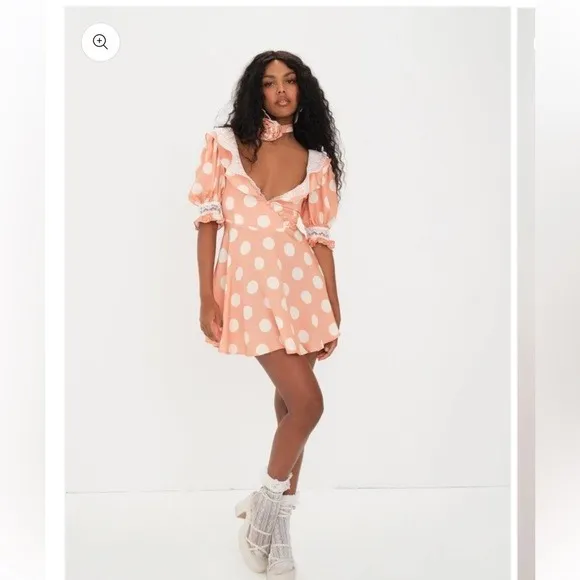 For Love & Lemons‎ Mini Dress Women L Peach Polka Dot CD2932-SP23 Lace Trim New - Image 3