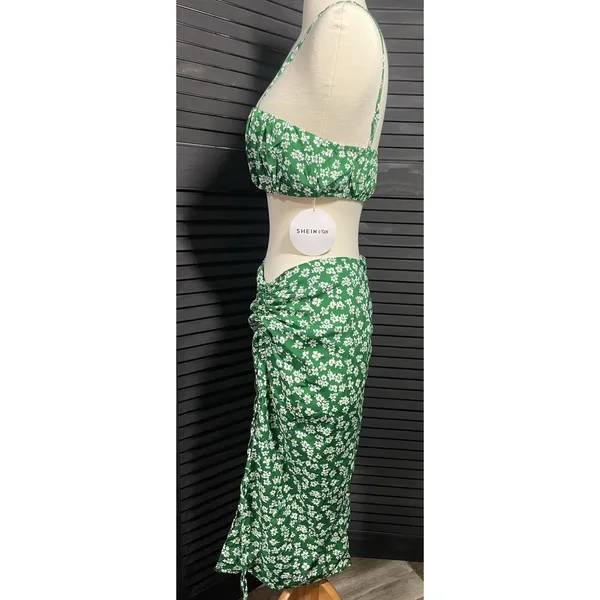 SHEIN Green Floral‎ Ruched Crop Top & High Slit Maxi Skirt Set Women's Size S - Image 4
