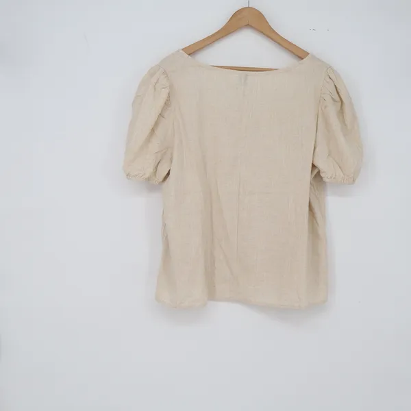 SHEIN 2 Piece Set Womens 1XL Linen Blend Beige Puff Sleeve Wide Leg Excellent - Image 4