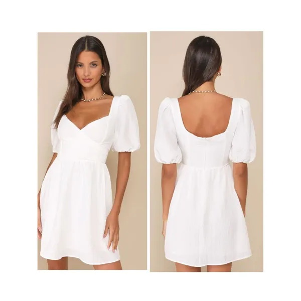 Lulus Little Bit In Love White Surplice Puff Sleeve Mini Dress Size Medium Beach - Image 2