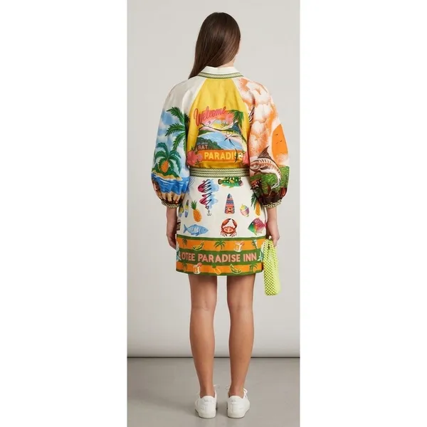 Tropical Patchwork Mini Dress XL Resort Print Designer Inspired Puff Sleeve - Image 2