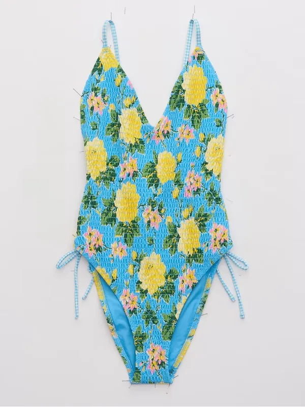 Aerie Smocked Plunge One Piece Swimsuit Size Small Blue Yellow Floral Beachy - Image 3