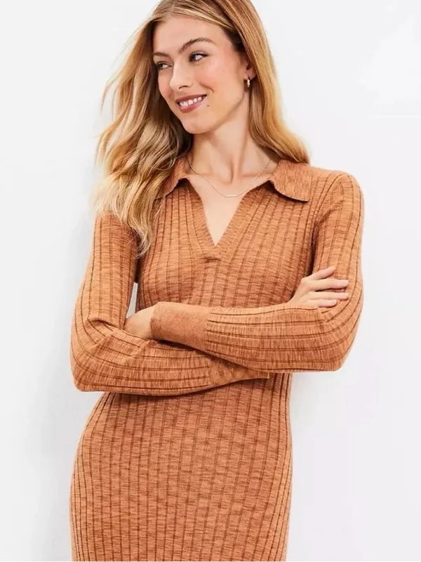 LOFT Brown Ribbed Polo Midi Sweater Dress - Size Large - Image 2