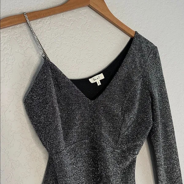 Love j Sparkly Silver Black Bodysuit Rhinestone Strap Long Sleeve Glam Going Out NYE - Image 2