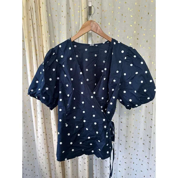 Old Navy 100% Cotton Polka Dot Waist Defined Puff-Sleeve Tie-Wrap Blouse XL - Image 2