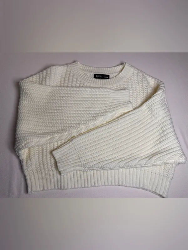 Women’s Cream Chunky Knit Sweater Size Small Short Cozy Ribbed Pullover - Image 6