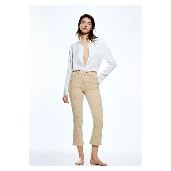 NWT‎ ZARA The Dreed Cropped Printed Flare Jeans Women's Size 4 Tan Cottagecore - Image 9