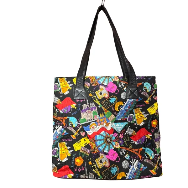 VTG 1991 Nicole Miller Paris France French‎ Themed 100% Silk Tote Bag Leather - Image 2