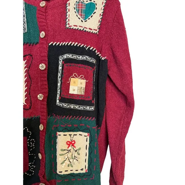 Vintage Talbots Silk Blend Ugly Christmas Sweater‎ Embroidered Patchwork SzL - Image 5