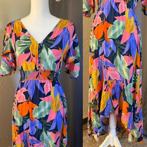 Abel The Label Tropical Floral High Low Maxi Dress Smocked Waist Womens Small‎ - Image 8