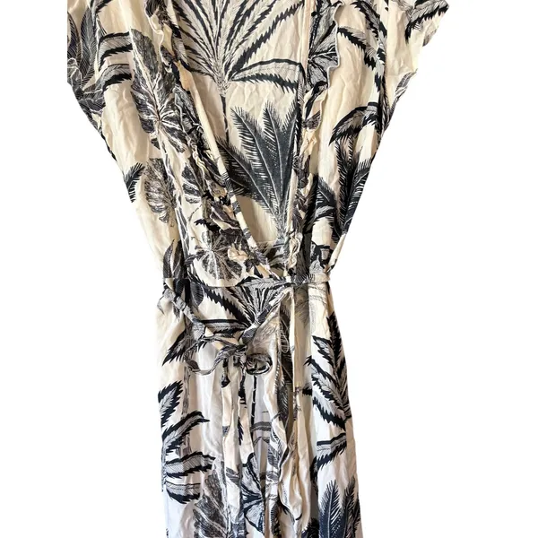 Tropical Palm Print Wrap Dress Cream Black Ruffle High Low Midi Small‎ - Image 2