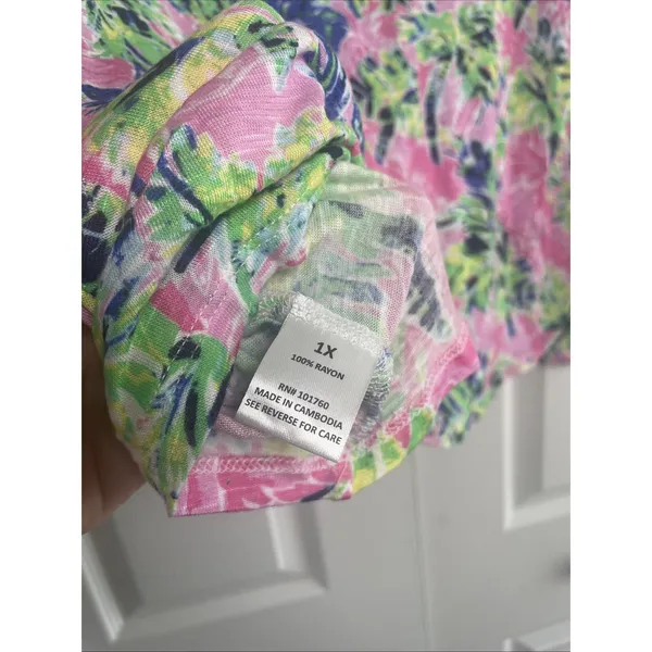 Casey Key Tropical‎ Palm Tree Top Womens 1X Pink Green Rayon Tie Sleeve Resort L - Image 7