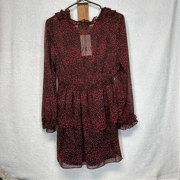 Zara Red & Black Cheetah Print Long‎ Sleeve Ruffled Mini Dress Size L - Image 4