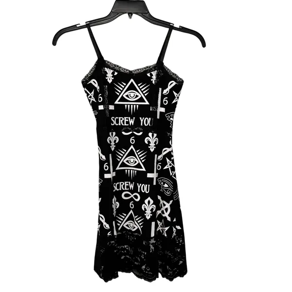 Rat Baby Womens Black Occult‎ Graphic Lace Trim Slip Mini Dress Small - Image 2