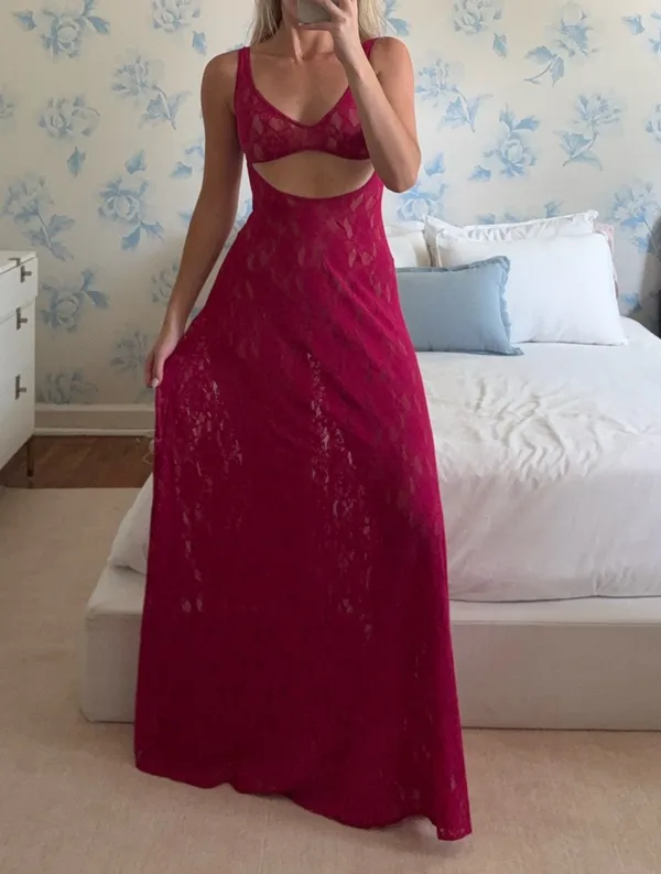 Naked Wardrobe Dress Pink Magenta Maxi Lace Sheer - Image 2