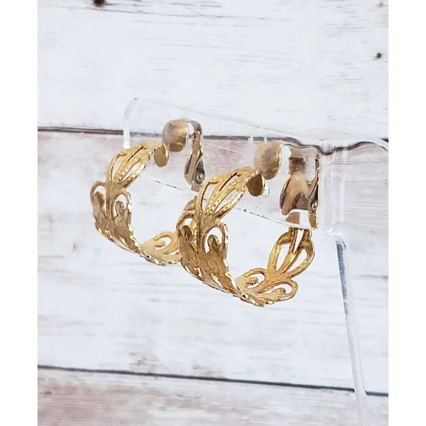 Vintage Clip On Earrings - Ornate Chunky Gold Tone Cut Out Hoops - Image 2