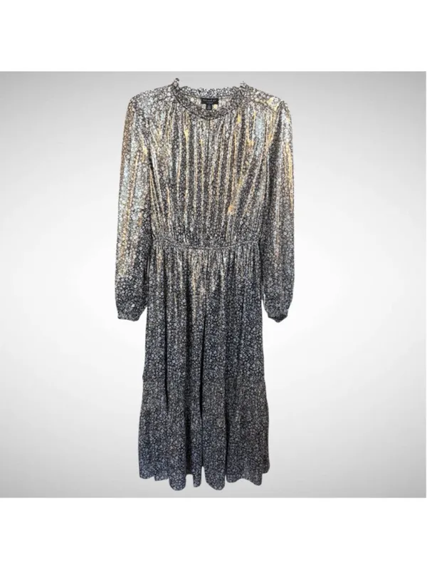 Current Air Gold Metallic Floral Midi Dress Brown Size M - Image 2