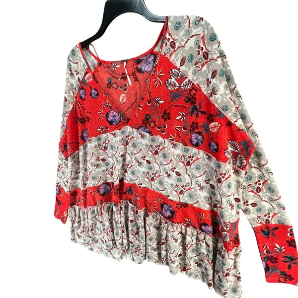 Free People Isabelle Tunic Top Womens XS Red Gray Floral Oversized Boho Feminine - Image 6