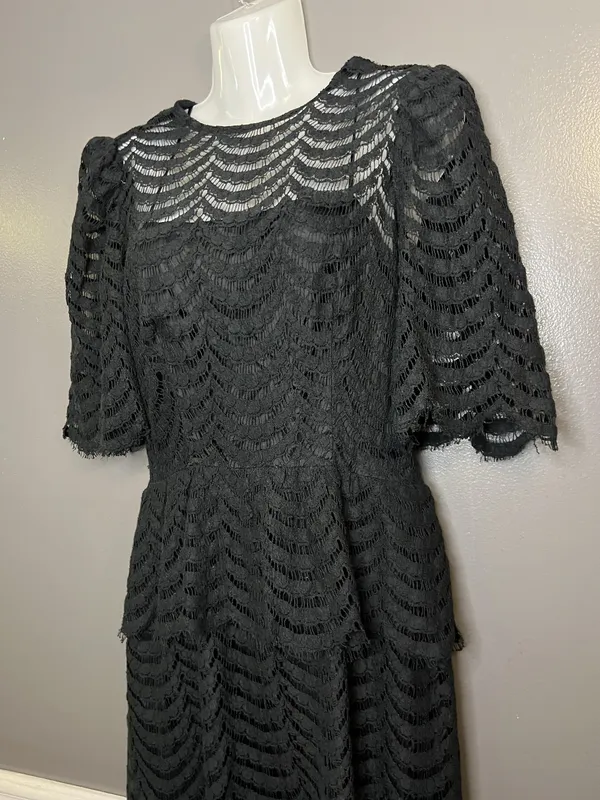 Vintage Kappi Dress Womens Small Black Lace Peplum Midi Cocktail Made USA 80s - Image 7