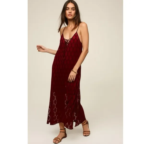 BAND OF THE FREE Lila Burgundy Autumn Slit Midi Dress Sleeveless Boho Medium - Image 2