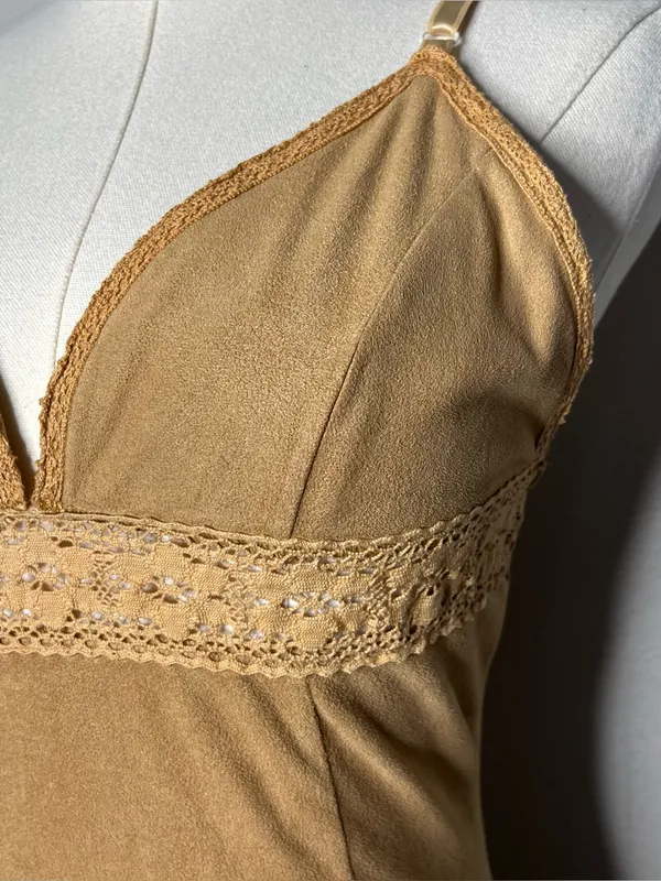 Y2K Vintage Camel Brown Faux Suede V Neck Sheer Lace Trim Bodycon Dress Fairy - Image 5
