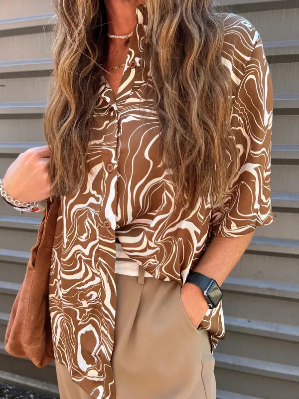 Princess Polly Marble Mae Button Up Satin Shirt Multicolor Brown/Tan Size 4 - Image 2