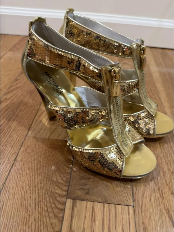 Size 8 Women’s Michael Kors Women's Gold Sequins Berkley Strap Heels IOB - Image 2