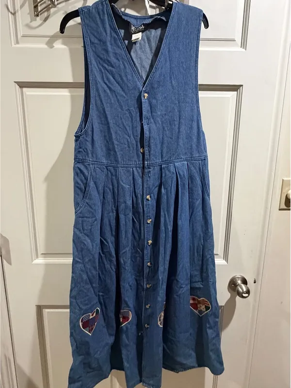 Melissa Collection Vintage Denim Button-Front Dress with Patchwork Hearts, Size - Image 2