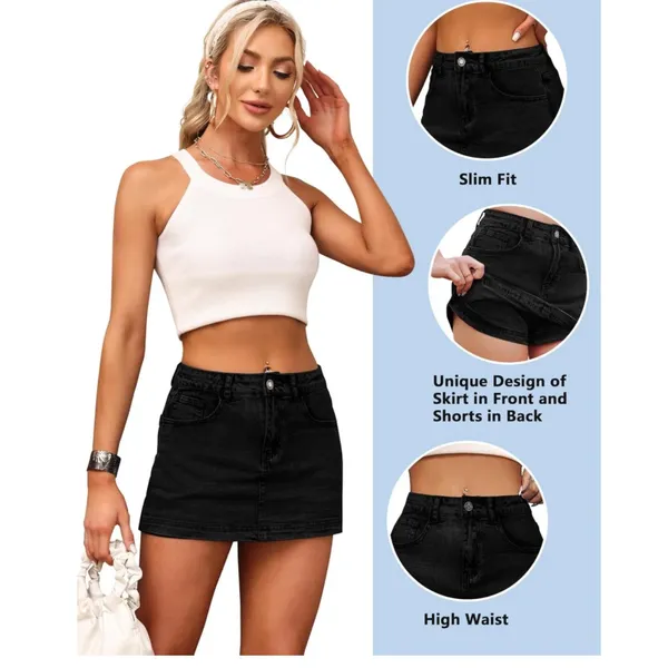 NWT Black Denim Skort for Women - High Waist Mini Denim Skirt - Small - Image 4