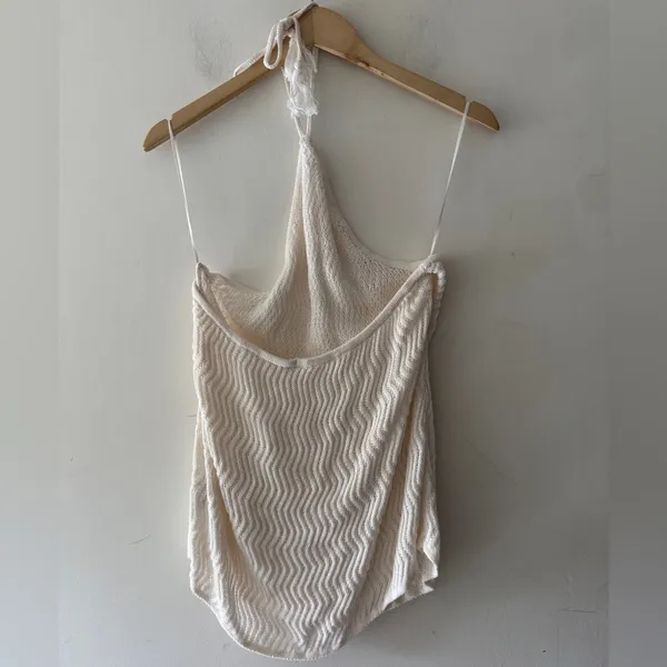 Old Navy Fitted Halter Cropped Sweater White Open Knit Beachy‎ Top XL Tall - Image 4