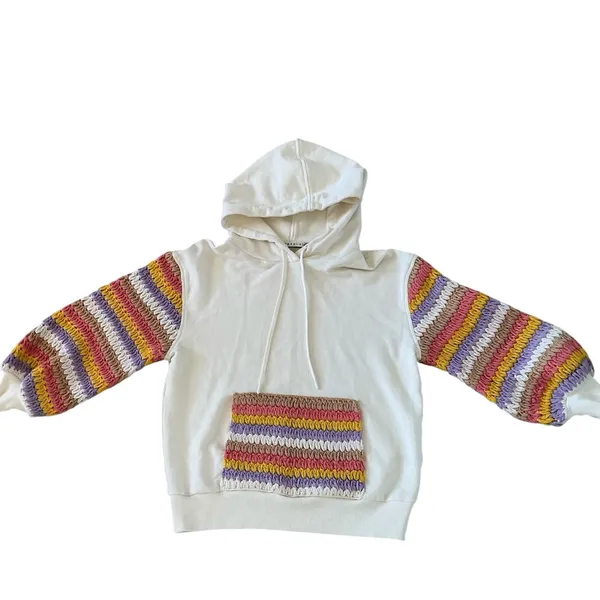 Alice + Olivia Nisa crochet sleeve pocket hoodie sweatshirt Sz XS off white - Image 6
