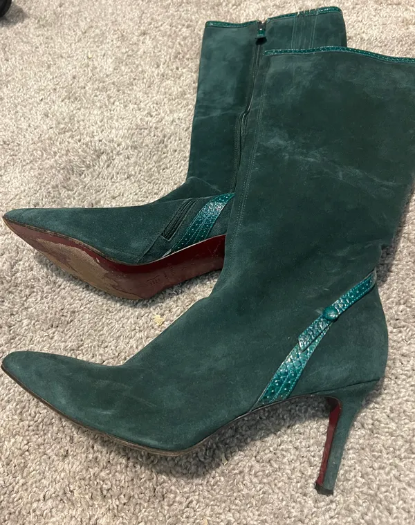 Ann Taylor Green Suede Velvet Leather Pointed Toe Heels Boots Knee High Booties - Image 2