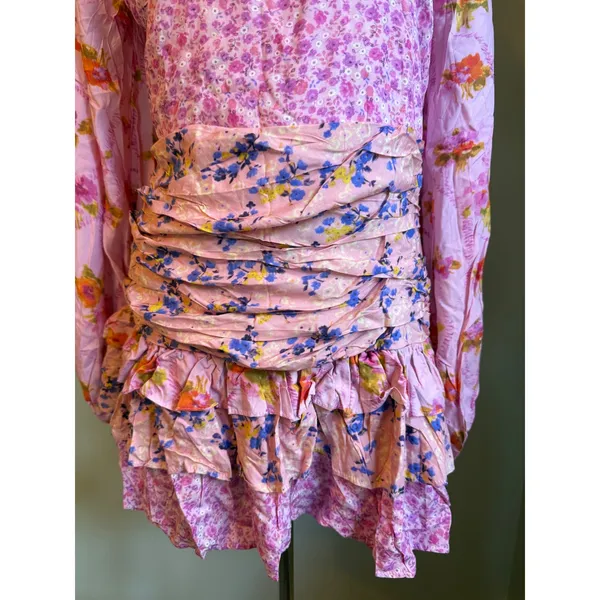 For Love Bell Pink fancy Floral Ruched Mini Dress Long Sleeve Ruffle L dainty y2 - Image 3