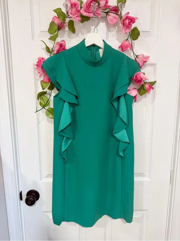 Kate Spade New York Green Ruffle Mock Neck Shift Dress Size 0 Preppy - Image 2
