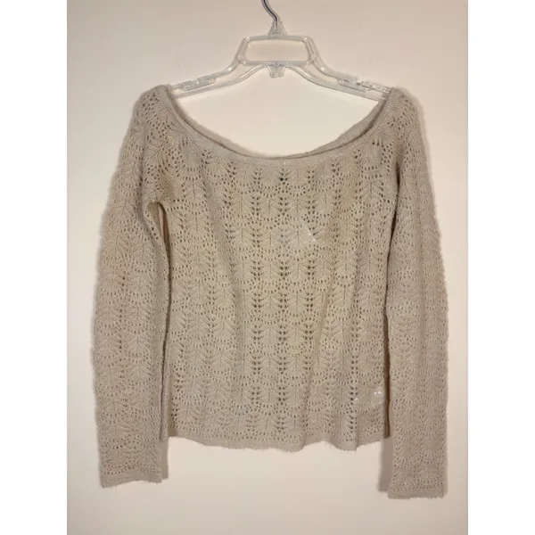 American Eagle Lace Knit Sweater Tan Long Sleeve Boat Neck‎ Women's M NWT - Image 5