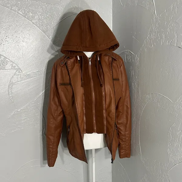 TAGOO Brown Faux Leather Jacket with Removable Hood. - Image 6